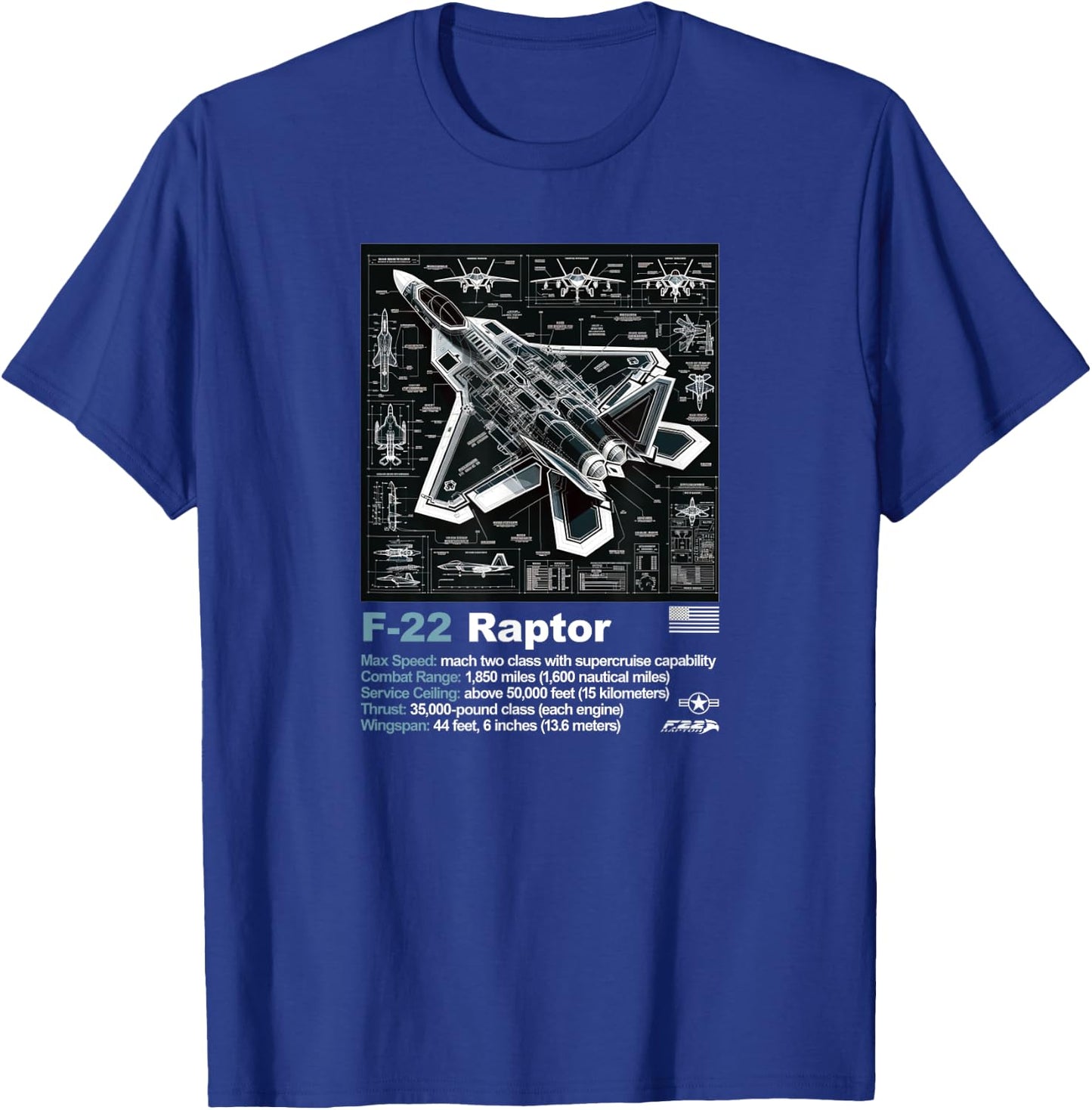 F22 Raptor Fighter Jet Blueprint Technical Drawing & Specs T-Shirt - T-Shirt | Royal