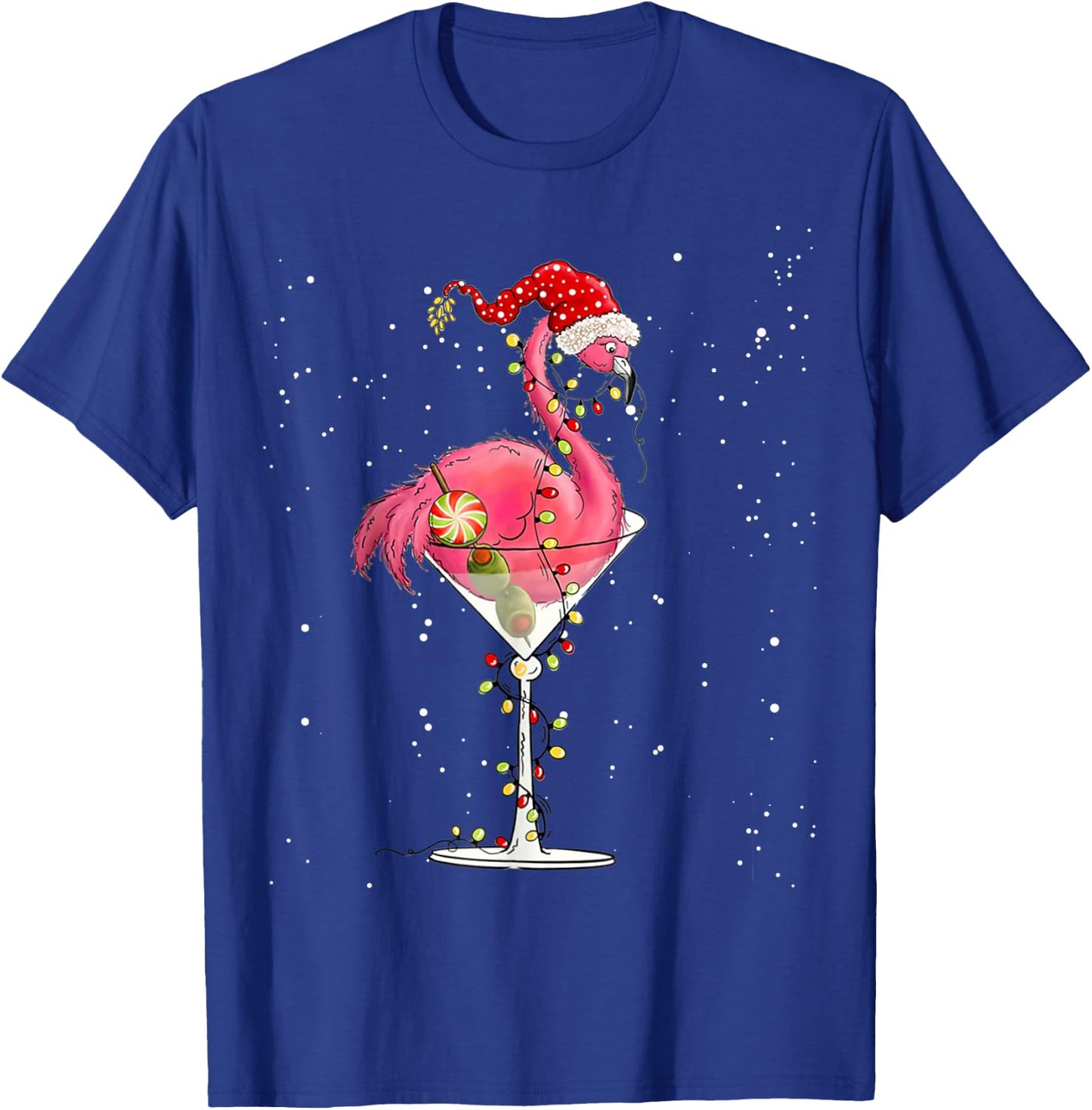Merry Christmas Pink Flamingo Wine Drinking Lights Xmas Tree T-Shirt - T-Shirt | Royal