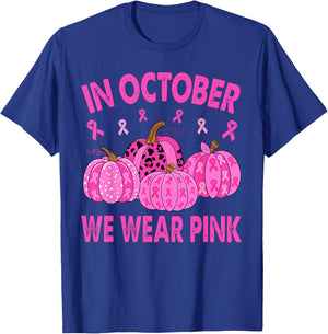 In October We Wear Pink Breast Cancer Halloween Pumpkin T-Shirt - T-Shirt | Royal