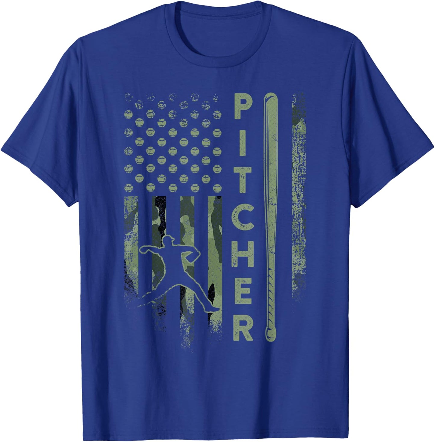 Vintage USA Camouflage Baseball Pitcher - Baseball Player T-Shirt - T-Shirt | Royal