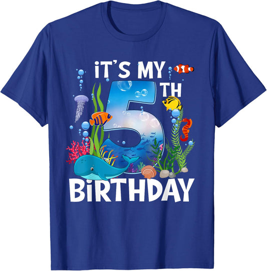 Kids 5 Year Old Ocean Life Whale Dolphin Shark 5th Birthday T-Shirt - T-Shirt | Royal