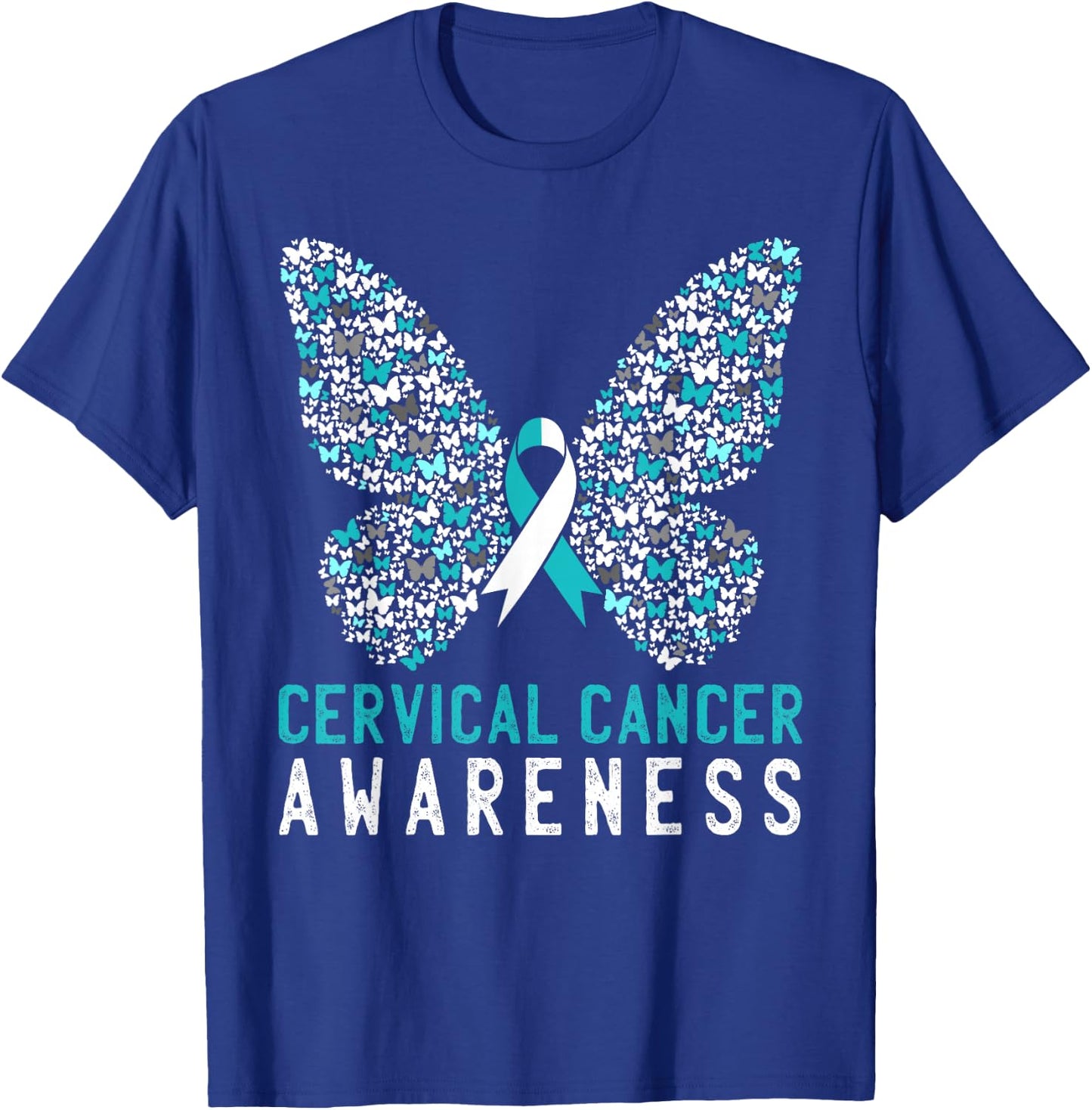 Butterfly Cervical Cancer Awareness Month White Teal Ribbon T-Shirt - T-Shirt | Royal