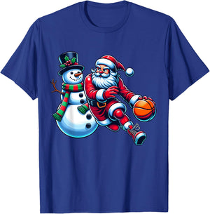 Santa Playing Basketball With A Snowman Christmas T-Shirt - T-Shirt | Royal