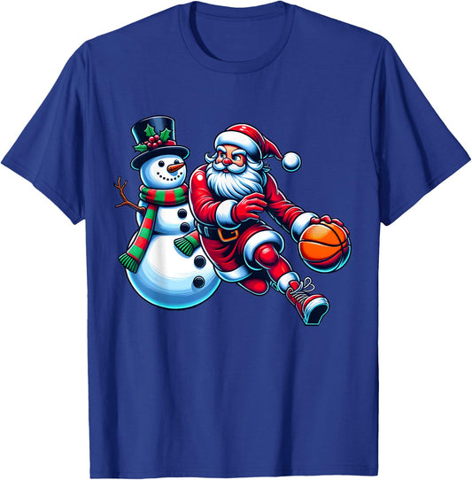 Santa Playing Basketball With A Snowman Christmas T-Shirt - T-Shirt | Royal
