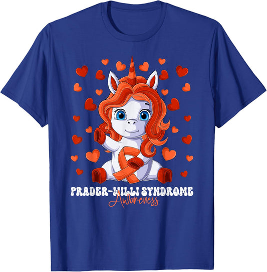 Prader-Willi Syndrome Awareness Month Orange Ribbon Unicorn T-Shirt - T-Shirt | Royal