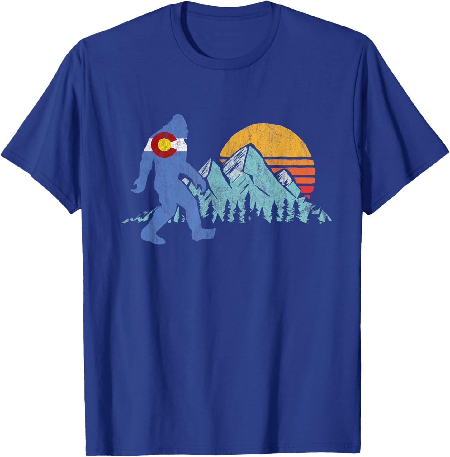 Retro Bigfoot Sun & Mountain State Flag of Colorado Graphic T-Shirt - T-Shirt | Royal