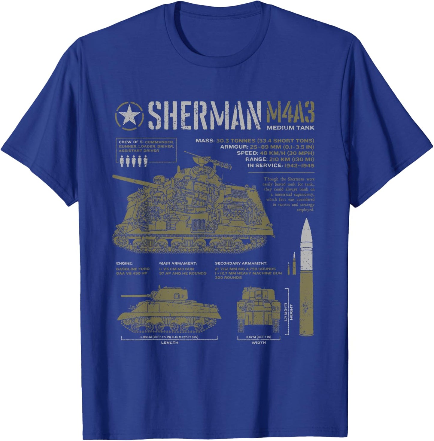 Sherman Tank World War 2 Blueprint T-Shirt - T-Shirt | Royal