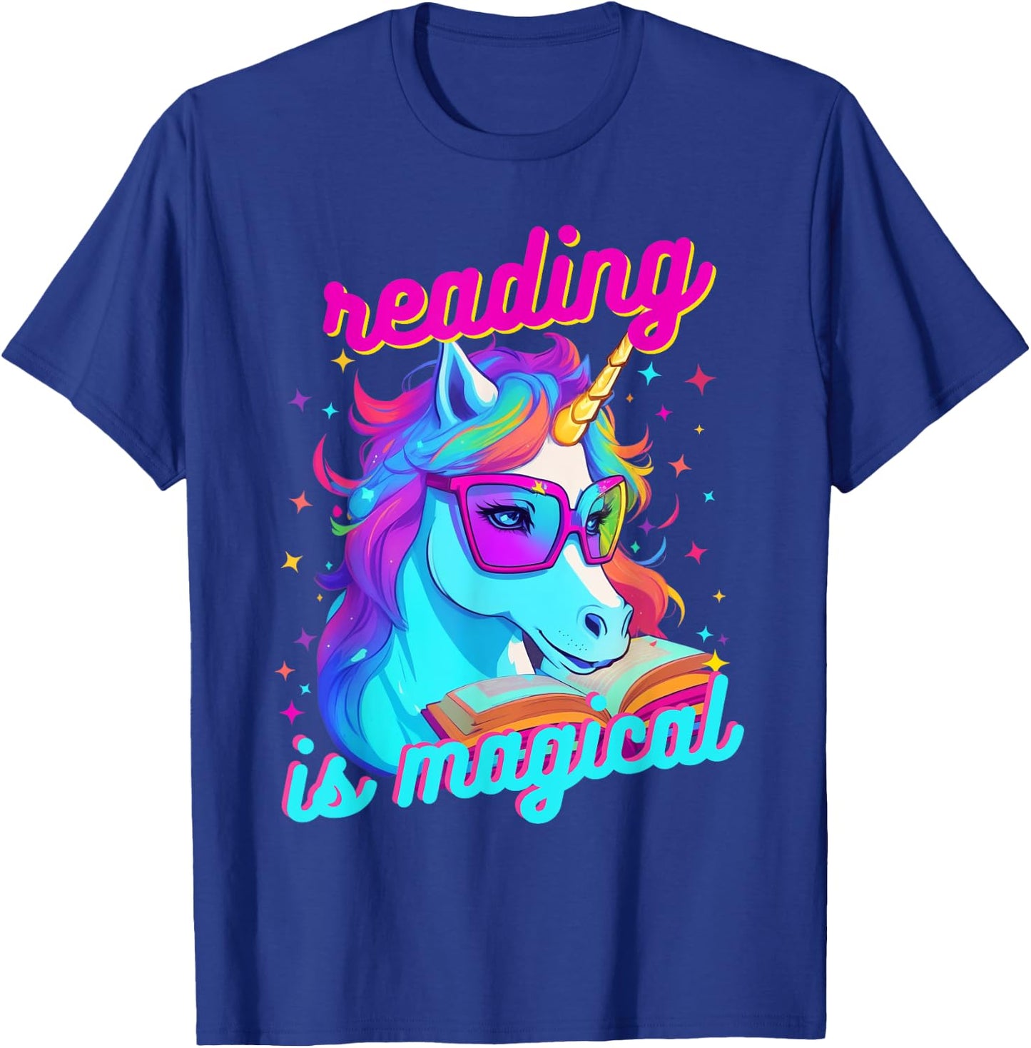 Psychedelic Cool Nerd Unicorn Reading is Magical Book Lover T-Shirt - T-Shirt | Royal
