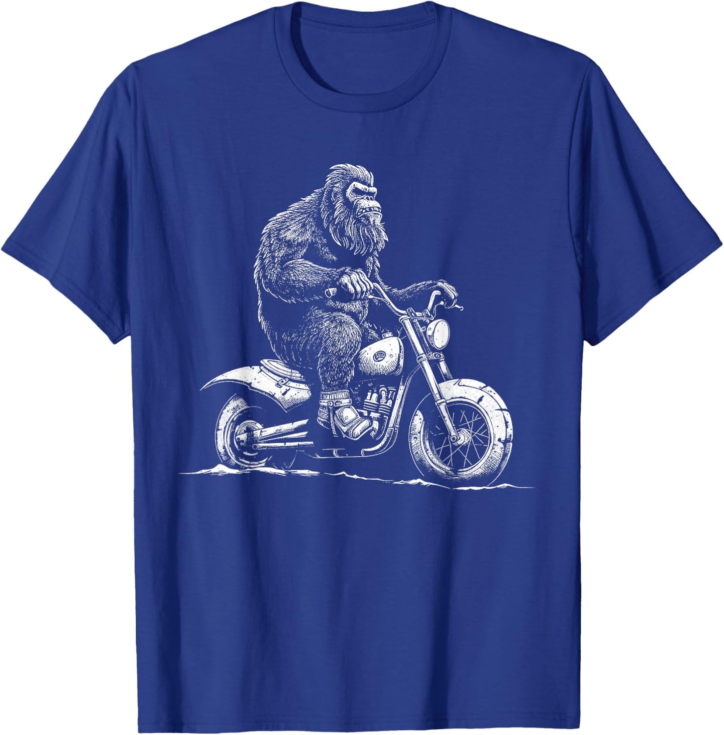 Bigfoot Riding A Motorcycle Bike Funny Sasquatch Men Women T-Shirt - T-Shirt | Royal