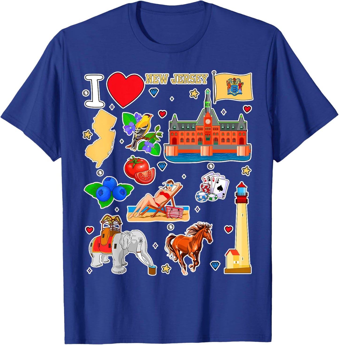 New Jersey map, hand drawn State Symbols and icons T-Shirt - T-Shirt | Royal