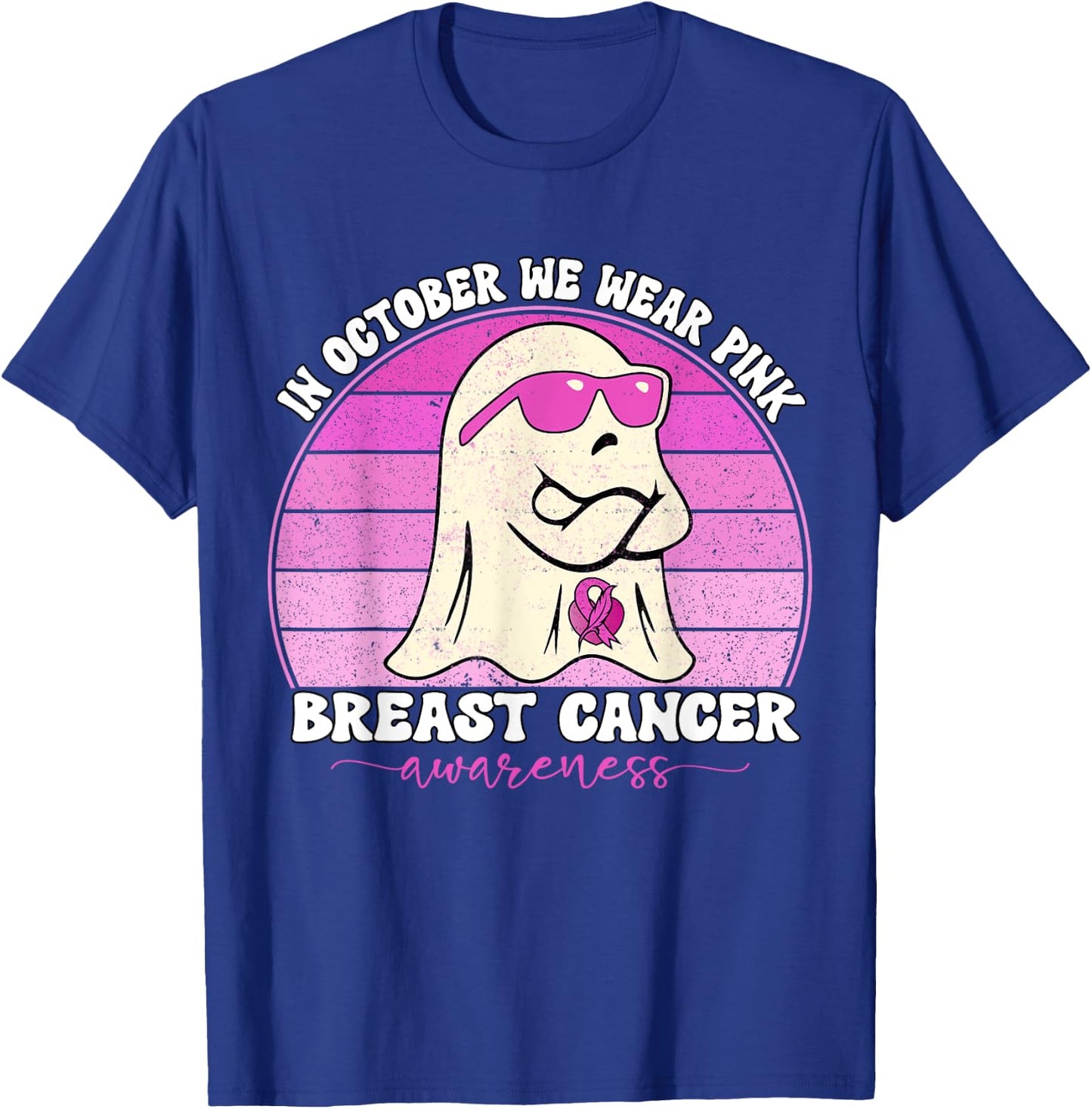 Groovy Breast Cancer Awareness We Wear Pink Ribbon Ghost T-Shirt - T-Shirt | Royal