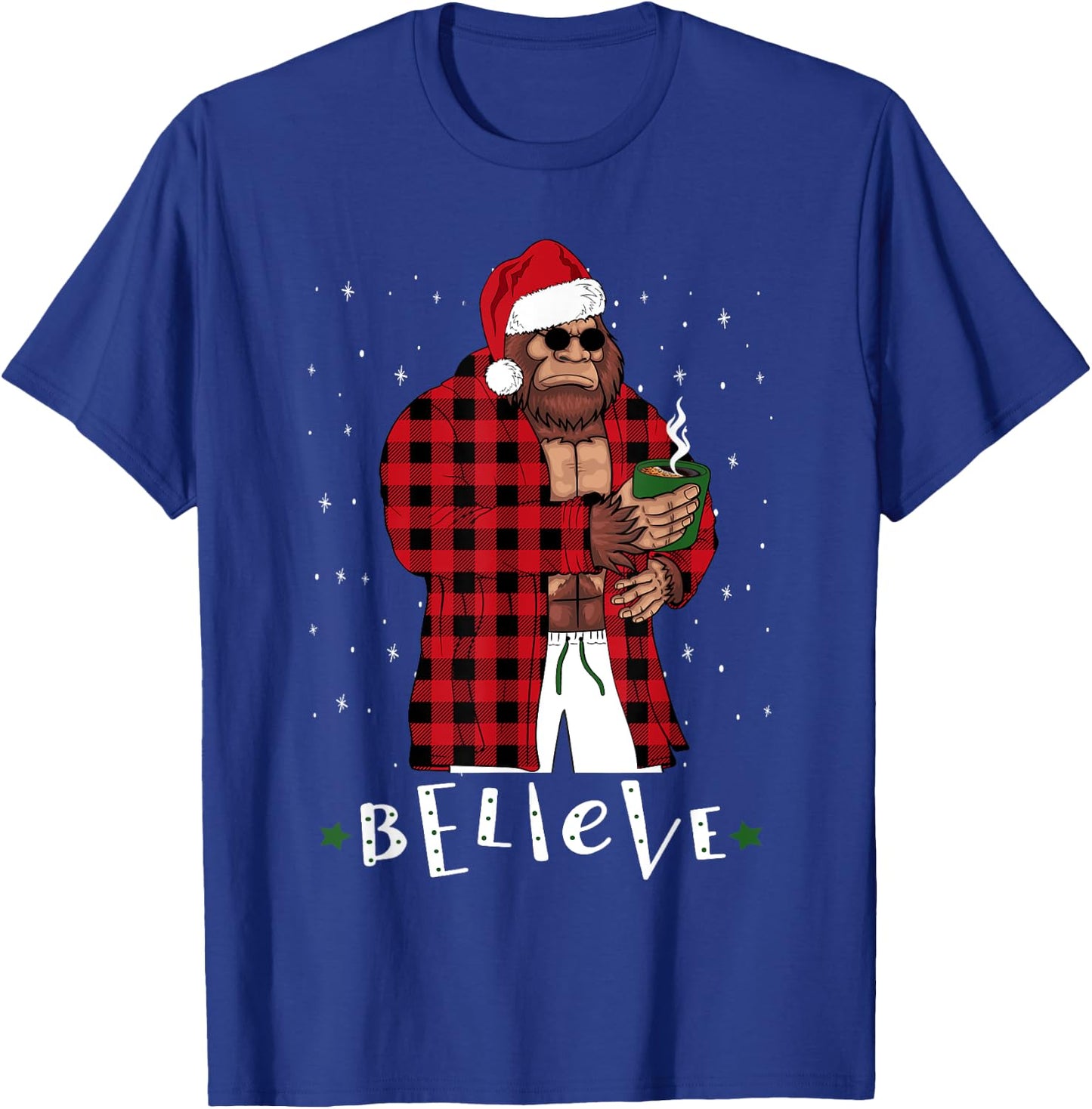 Bigfoot Christmas Buffalo Plaid Sasquatch Coffee Drinker T-Shirt - T-Shirt | Royal