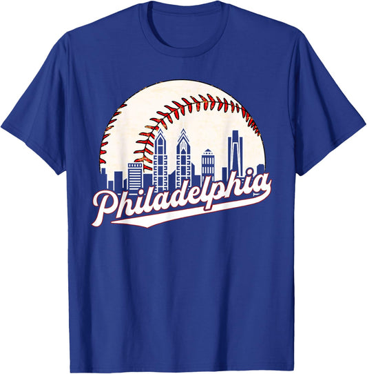 Vintage Philadelphia Philly Cityscape Baseball Skyline Retro T-Shirt - T-Shirt | Royal