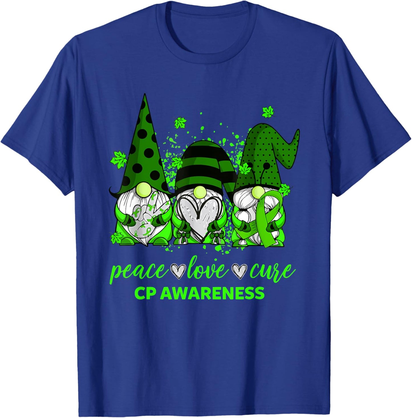 Peace Love Cure Three Gnomes Cerebral Palsy CP Awareness T-Shirt - T-Shirt | Royal