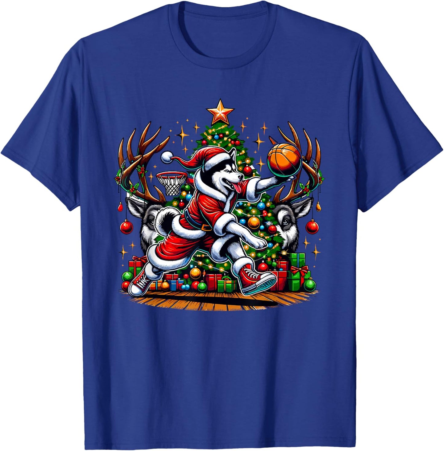 Funny Santa Siberian Husky Dog Play Basketball Christmas T-Shirt - T-Shirt | Royal