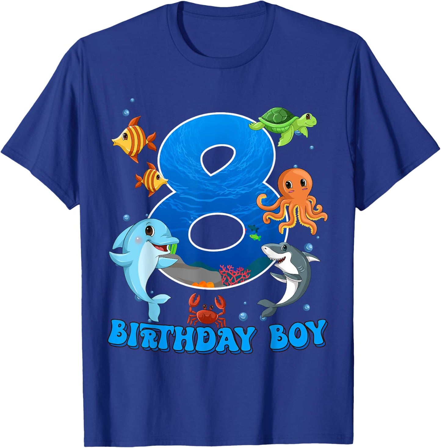 8th Birthday Party Ocean 8 Year Old Sea Fish Birthday Boy T-Shirt - T-Shirt | Royal