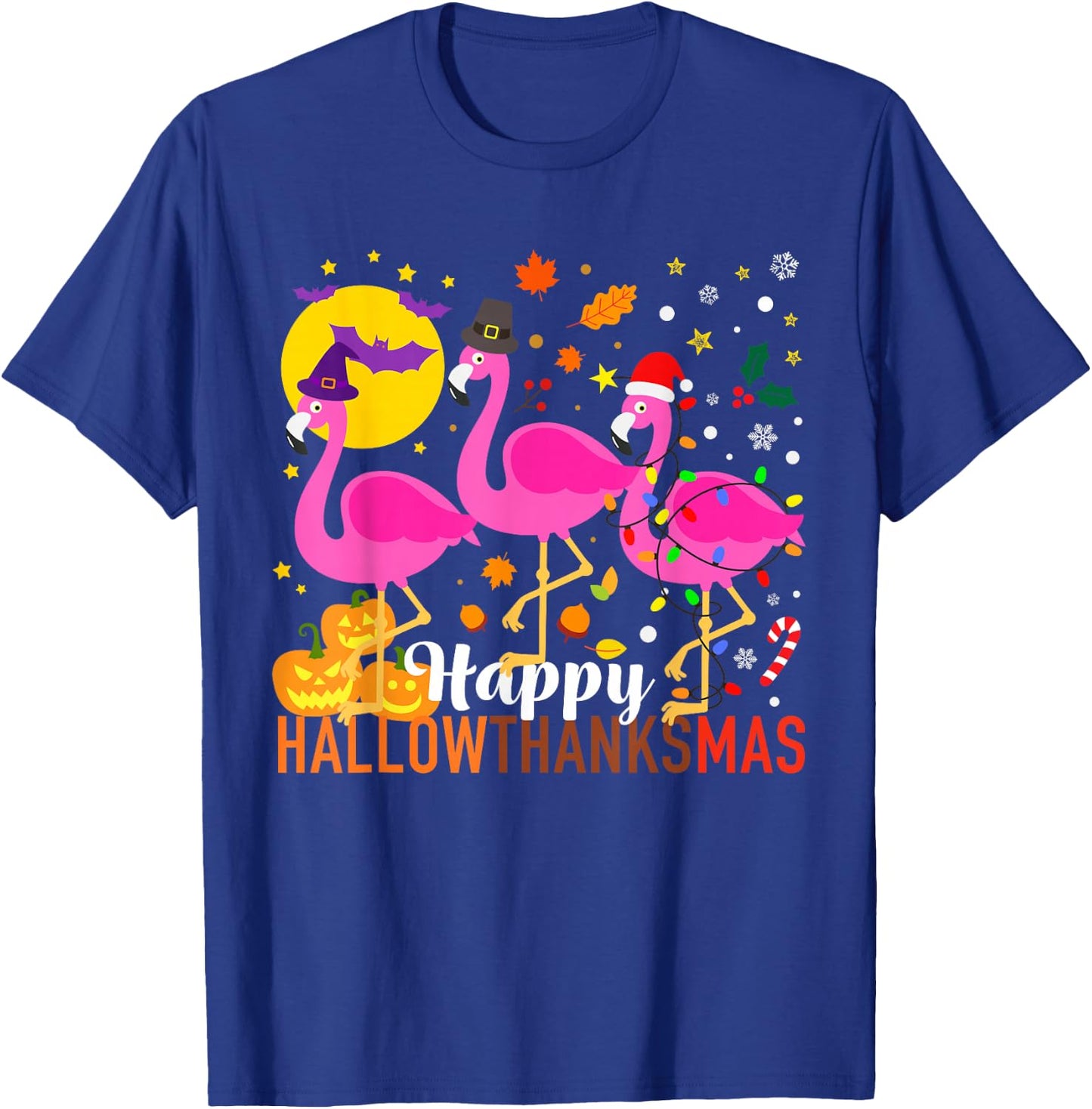 Flamingo Halloween Thanksgiving Christmas HallowThanksMas T-Shirt - T-Shirt | Royal