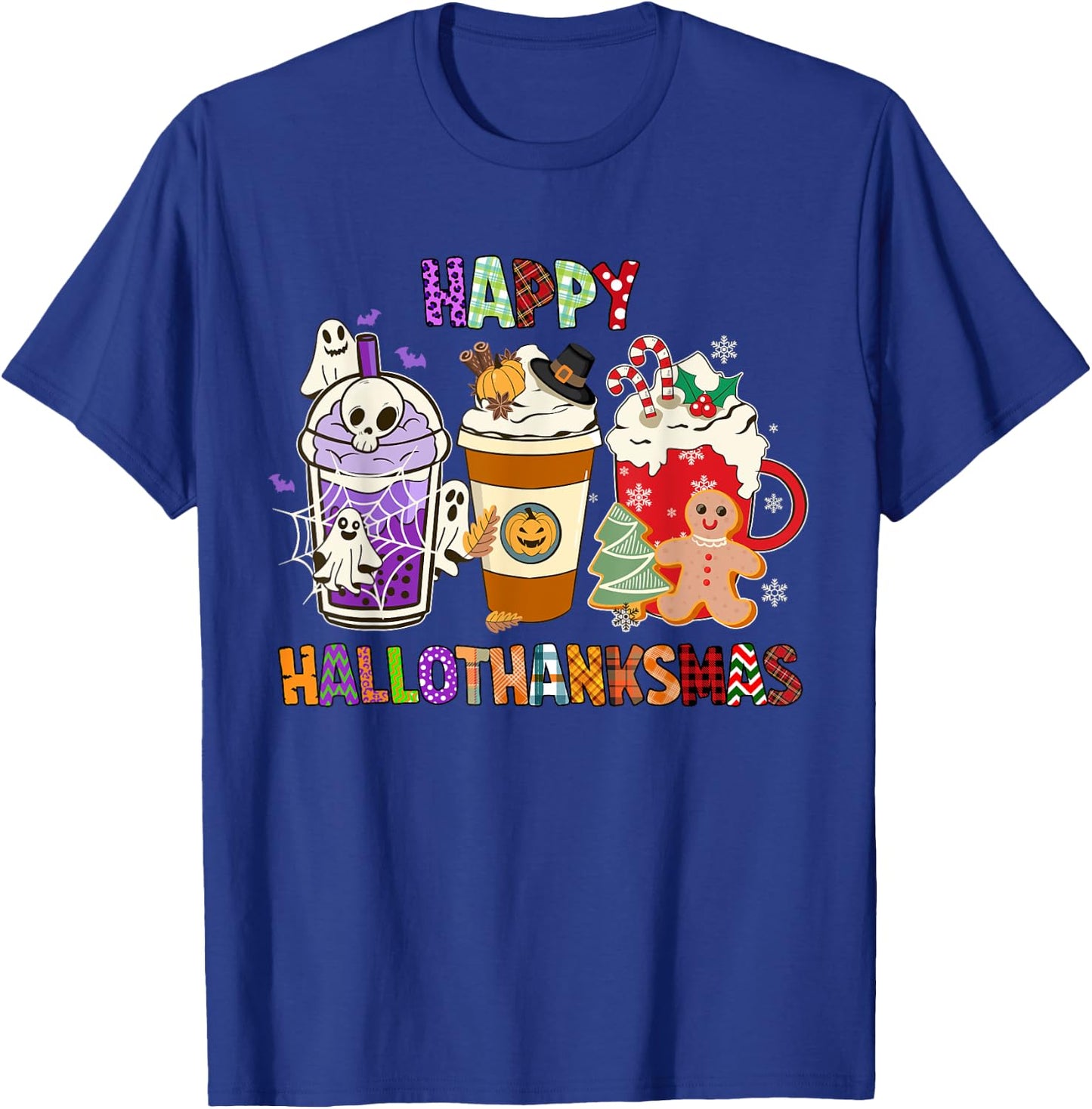 Happy HALLOTHANKSMAS Halloween Thanksgiving Christmas Coffee T-Shirt - T-Shirt | Royal