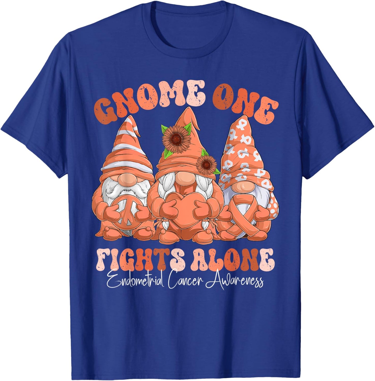 Endometrial Cancer Awareness Month Peach Ribbon Gnomies T-Shirt - T-Shirt | Royal