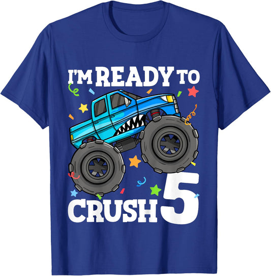 Kids Monster Truck Shark 5th Birthday Boy I'm Ready To Crush 5 T-Shirt - T-Shirt | Royal