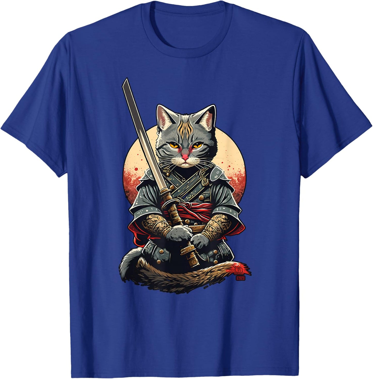 Retro Japanese Warrior Katana Ninja Cat, Samurai Kitten T-Shirt - T-Shirt | Royal