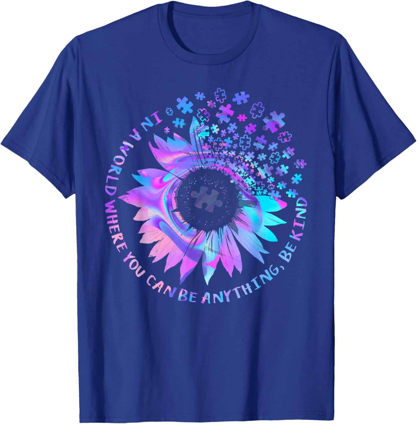 Be Kind Autism Awareness Kindness Sunflower Tie Dye Puzzle T-Shirt - T-Shirt | Royal