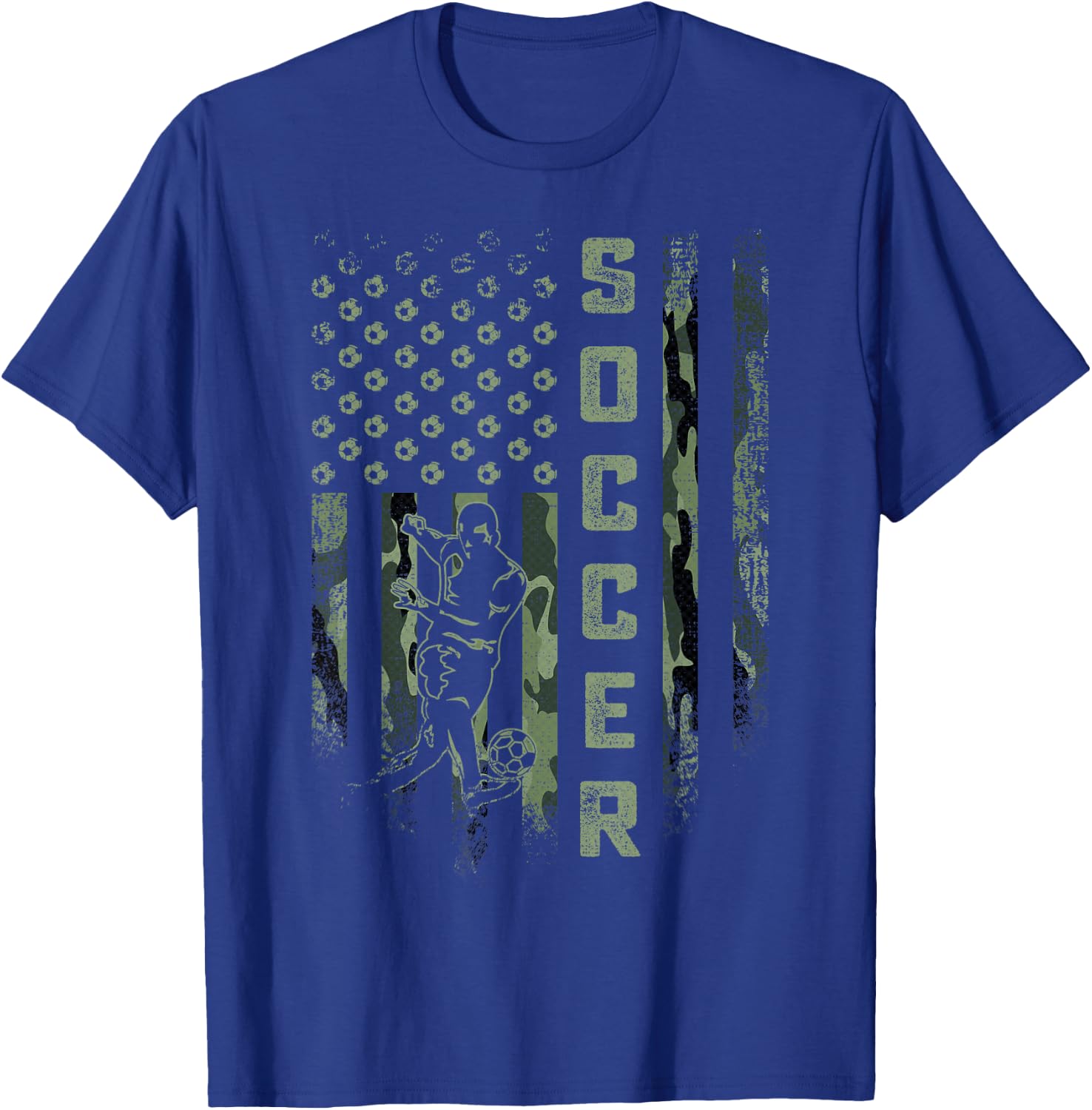 Vintage USA Camouflage Flag Soccer Player Silhouette T-Shirt - T-Shirt | Royal