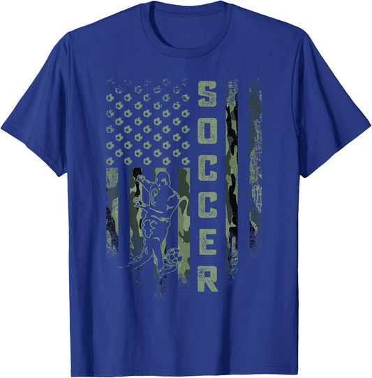 Vintage USA Camouflage Flag Soccer Player Silhouette T-Shirt - T-Shirt | Royal