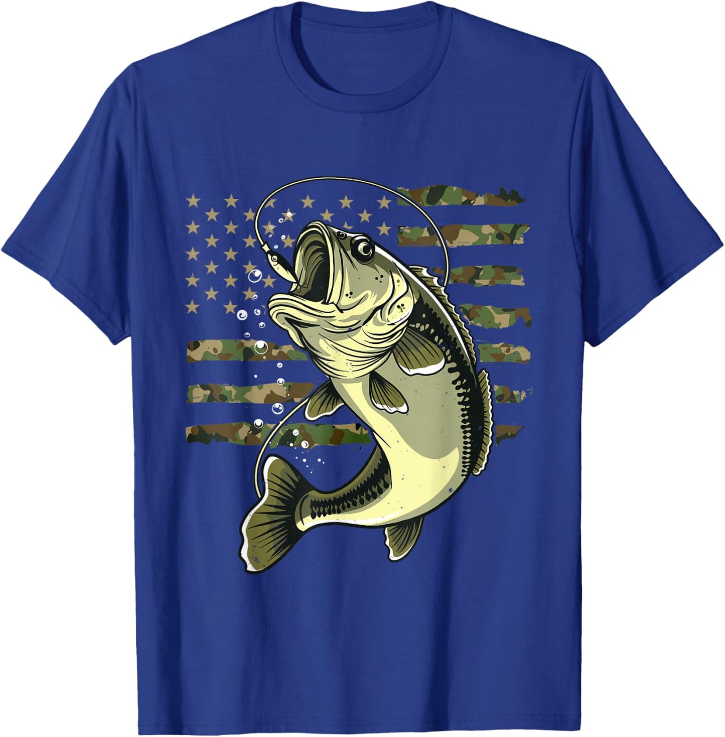Bass Fish Fishing USA American Flag Camouflage Fisherman T-Shirt - T-Shirt | Royal