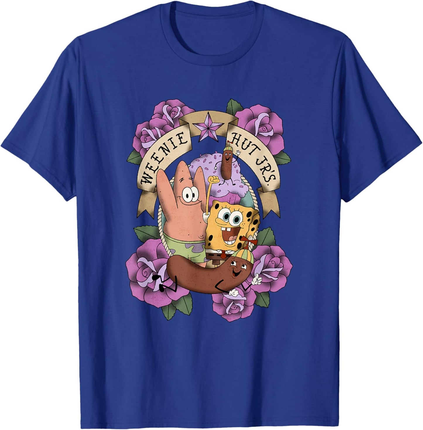 SpongeBob SquarePants Patrick Weenie Hut Jr's. Floral Logo T-Shirt - T-Shirt | Royal