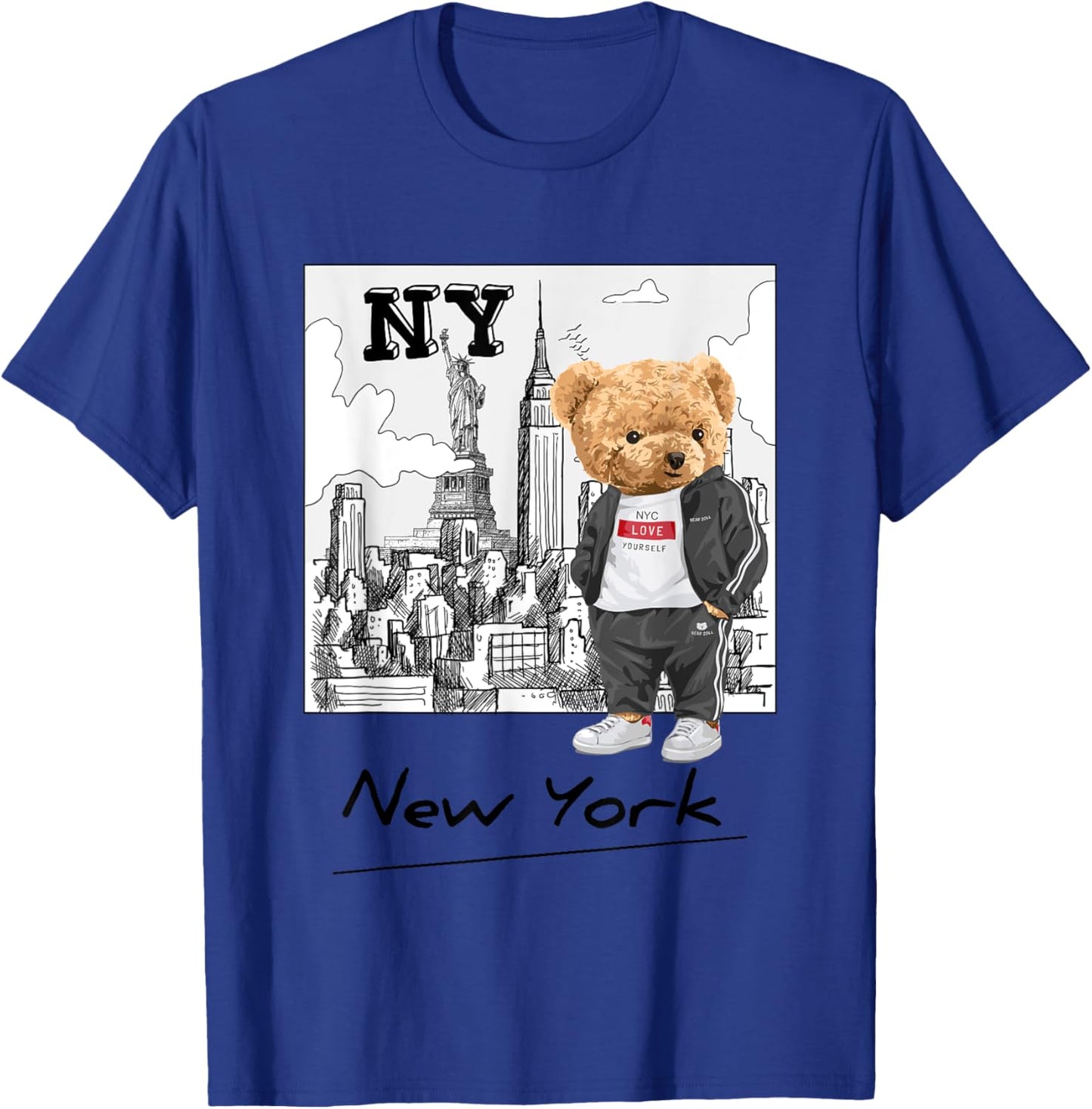 Bahaa's -Kids Graphic Black Small Classic Fit Short Sleeve Summer Graphic Teddy Bear NYC Design T-Shirt - T-Shirt | Royal