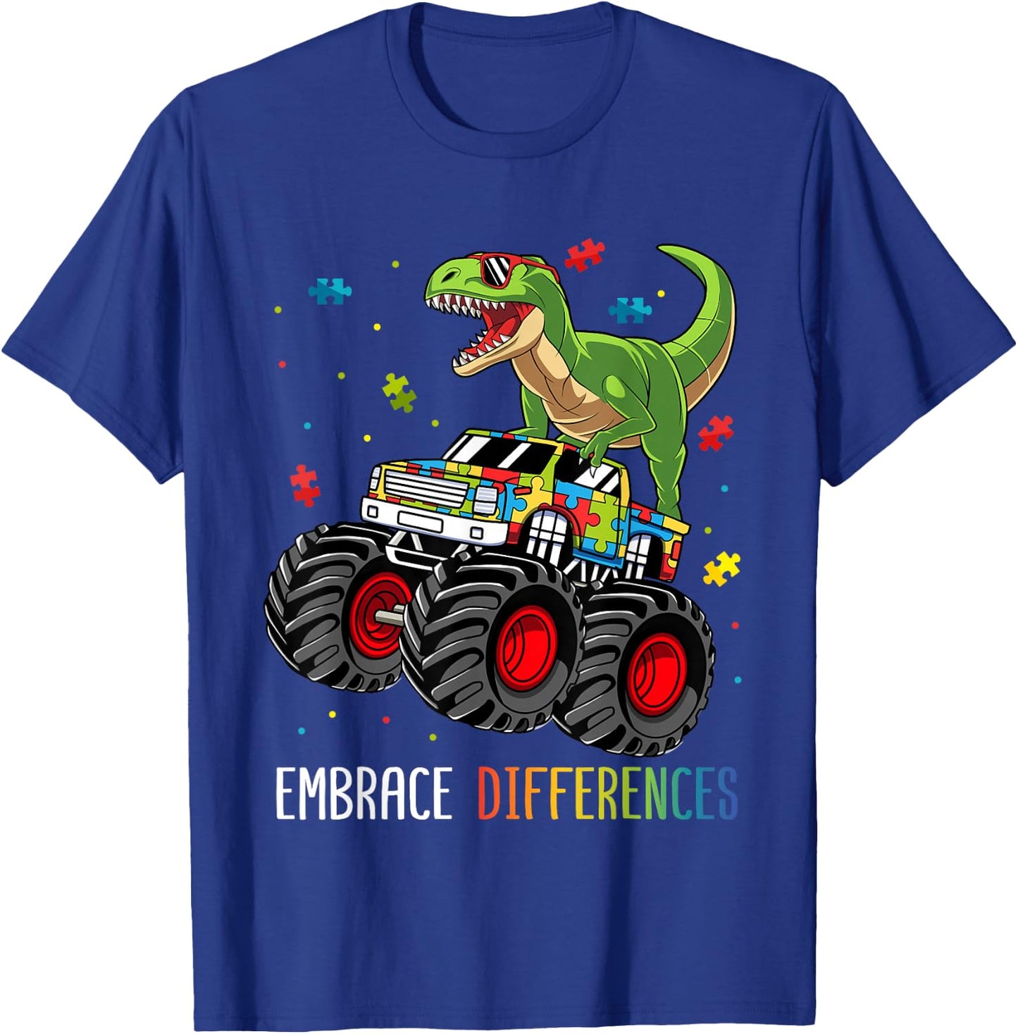 Autism Awareness T-Rex Monster Truck Embrace Differences T-Shirt - T-Shirt | Royal