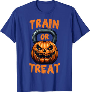 Train or Treat Halloween Pumpkin Kettlebell Gym Workout T-Shirt - T-Shirt | Royal