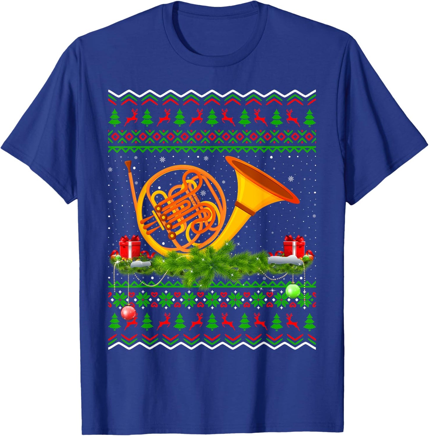 French Horn Musical Xmas Sweater Ugly French Horn Christmas T-Shirt - T-Shirt | Royal