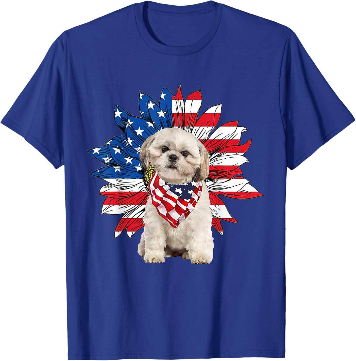 Shih Tzu American Flag Sunflower Dog Lovers 4th Of July T-Shirt - T-Shirt | Royal