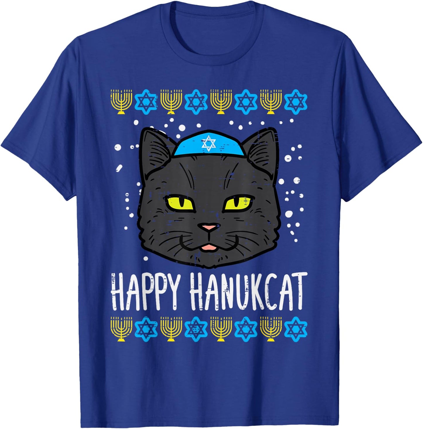 Happy Hanukcat Cat Ugly Hanukkah Chanukah Jew Men Women Kids T-Shirt - T-Shirt | Royal