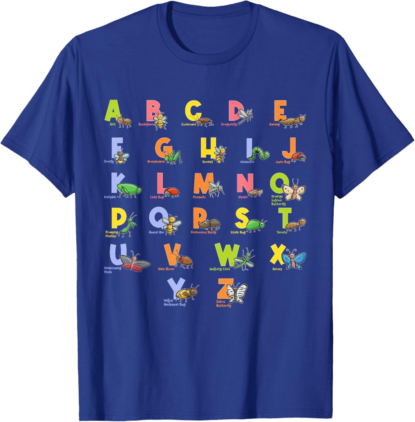 Alphabet Types of Insects Kids Bug Lover Future Entomologist T-Shirt - T-Shirt | Royal
