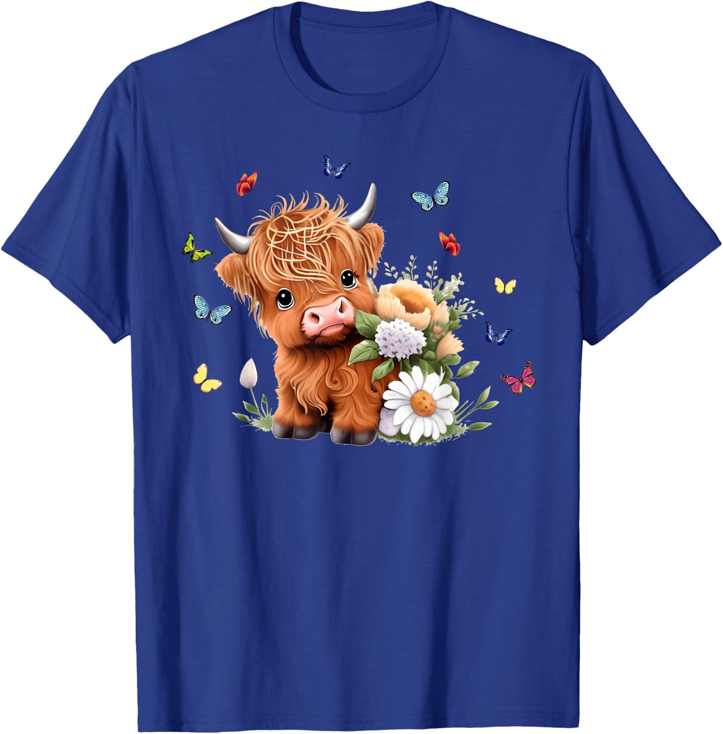 Cute Baby Highland Cow with Flowers Calf Animal Spring T-Shirt - T-Shirt | Royal