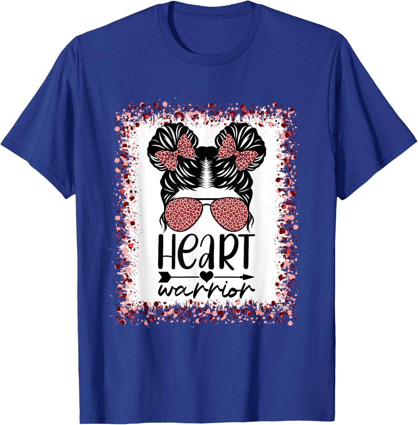 Heart Warrior Messy Bun Leopard Heart Disease Awareness T-Shirt - T-Shirt | Royal