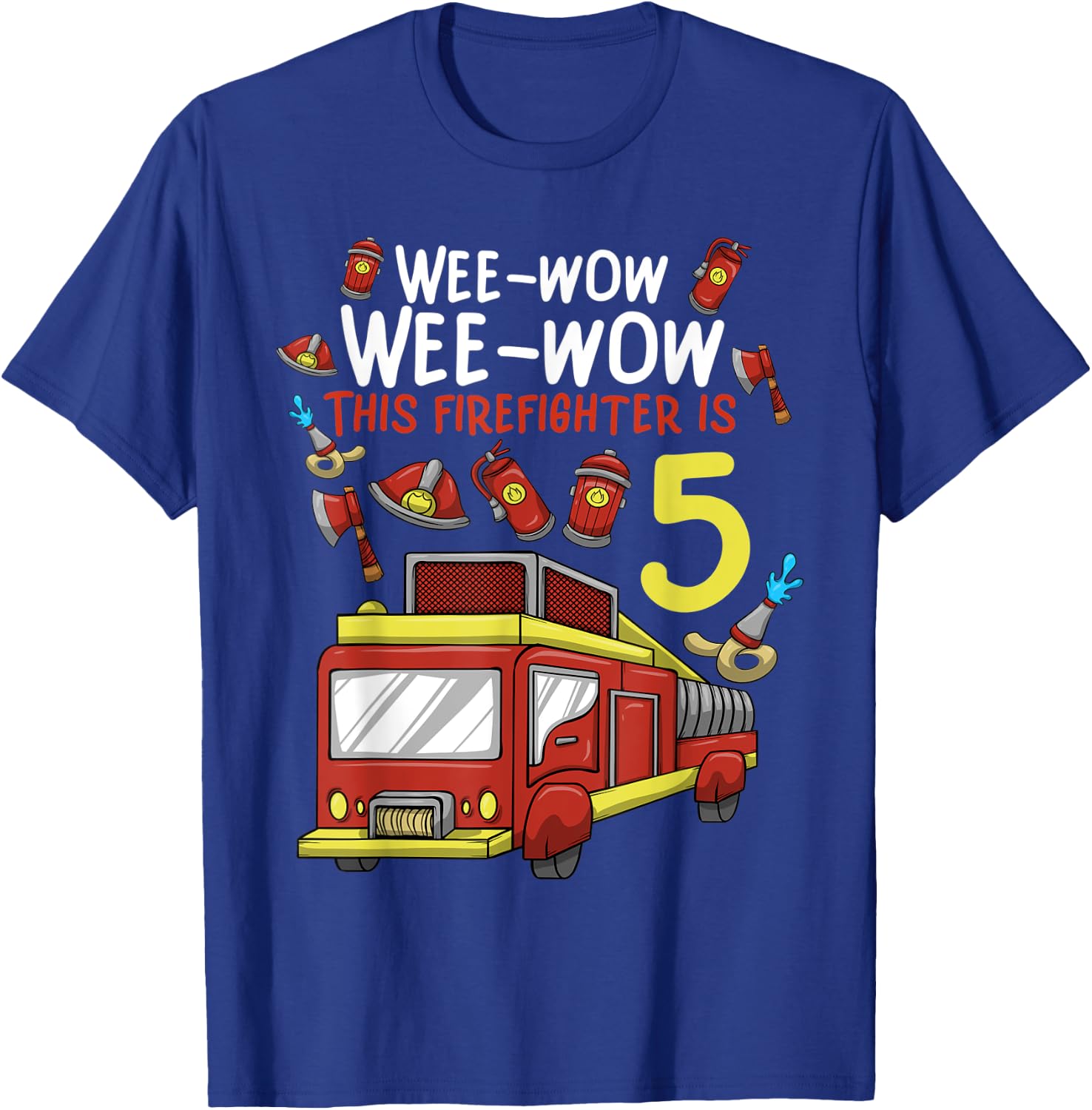 5 Year Old Firetruck Birthday Party Firefighter Boy T-Shirt - T-Shirt | Royal