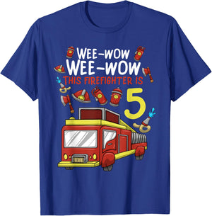 5 Year Old Firetruck Birthday Party Firefighter Boy T-Shirt - T-Shirt | Royal