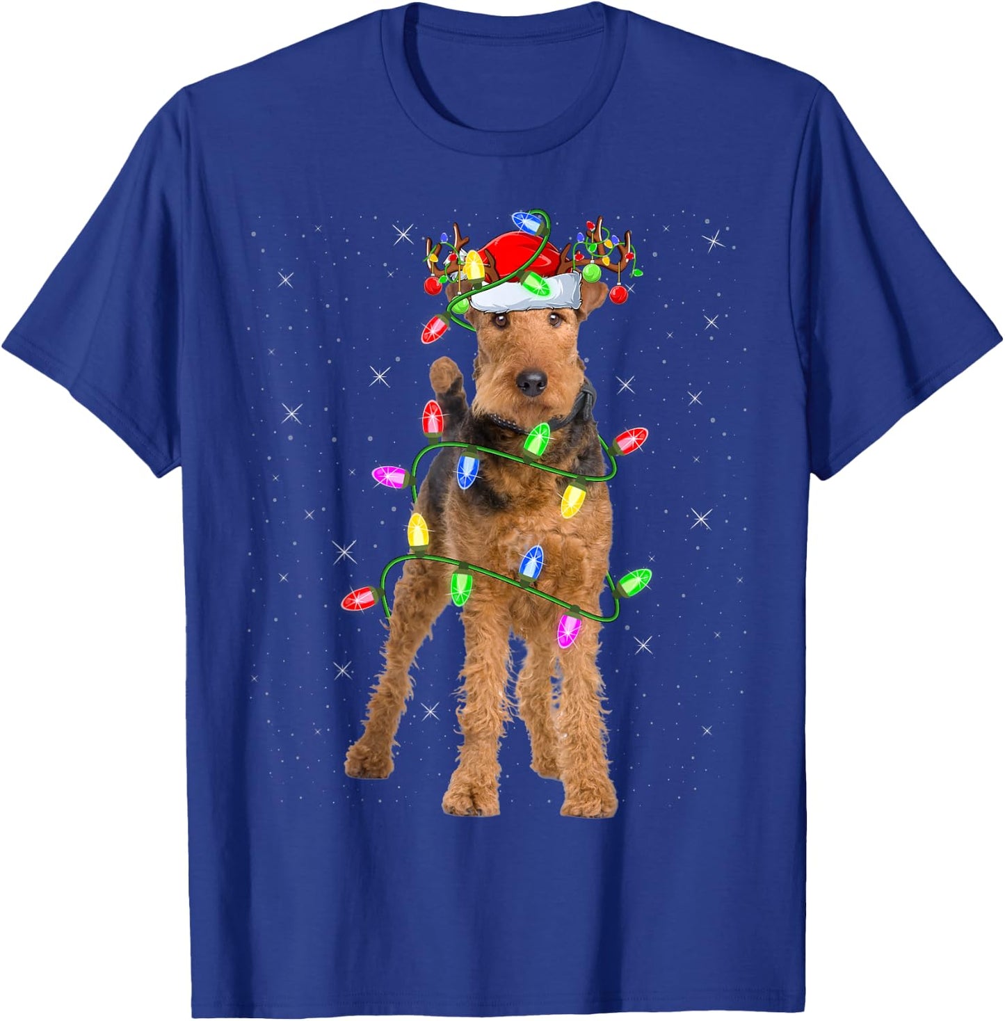 Xmas Holiday Lighting Santa Airedale Terrier Christmas T-Shirt - T-Shirt | Royal