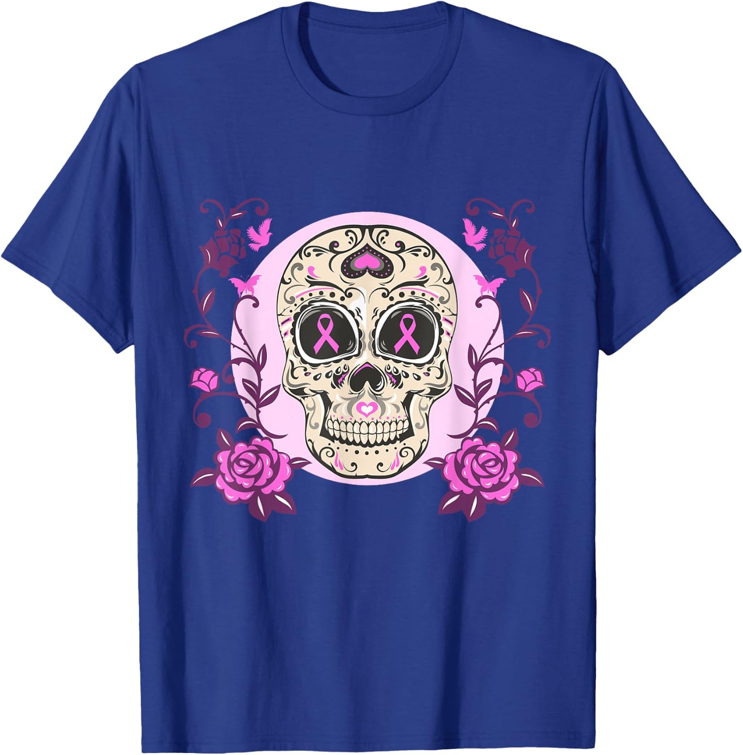 Sugar Skull Pink Ribbon Breast Cancer Awareness Calavera T-Shirt - T-Shirt | Royal