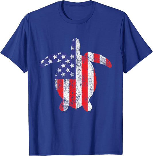 Sea Turtle Animal 4th of July US American Flag Patriotic Women Kids Men T-Shirt - T-Shirt | Royal