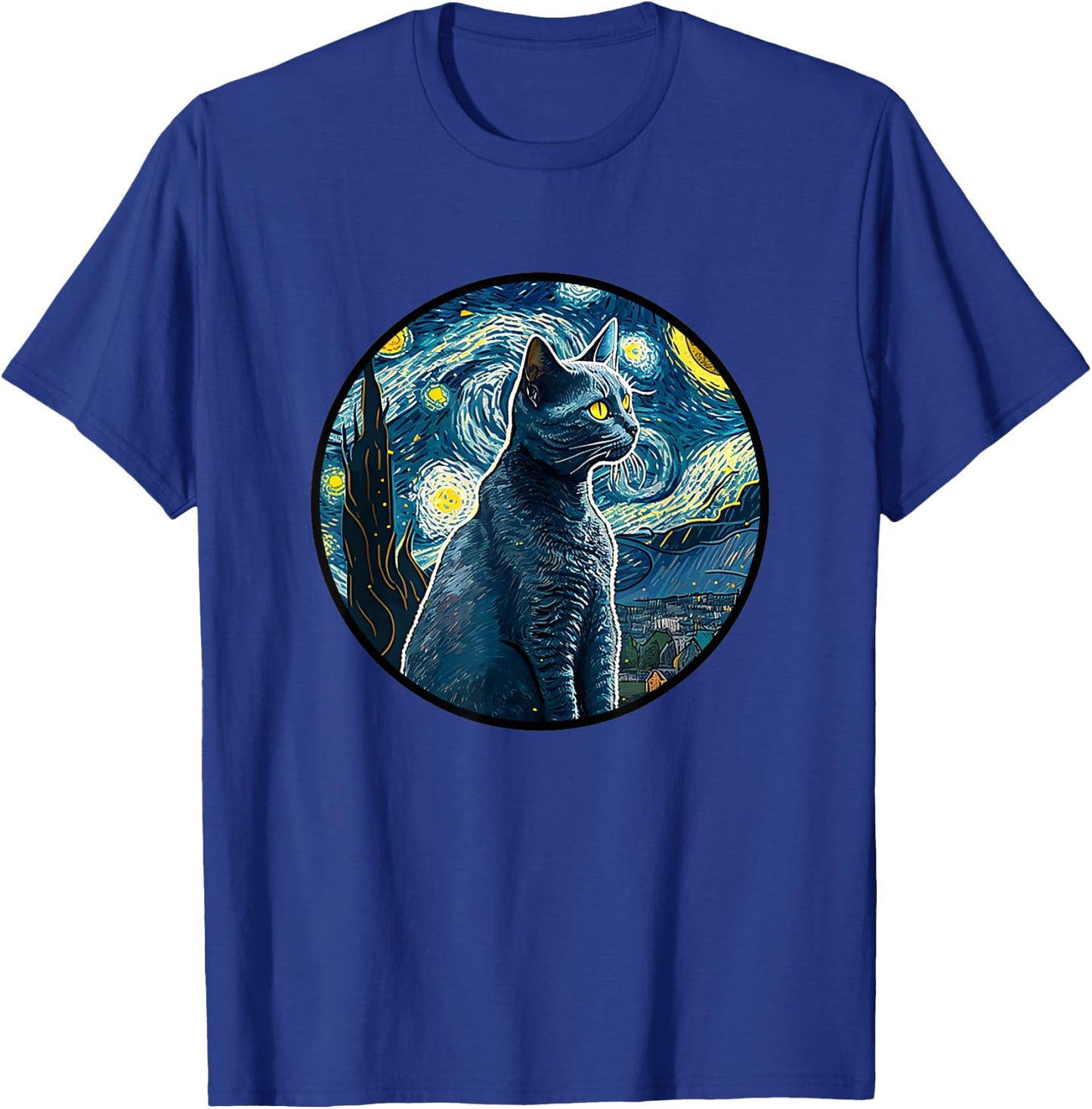 Russian Blue Cat in Starry Night Painting Men Women Kids T-Shirt - T-Shirt | Royal