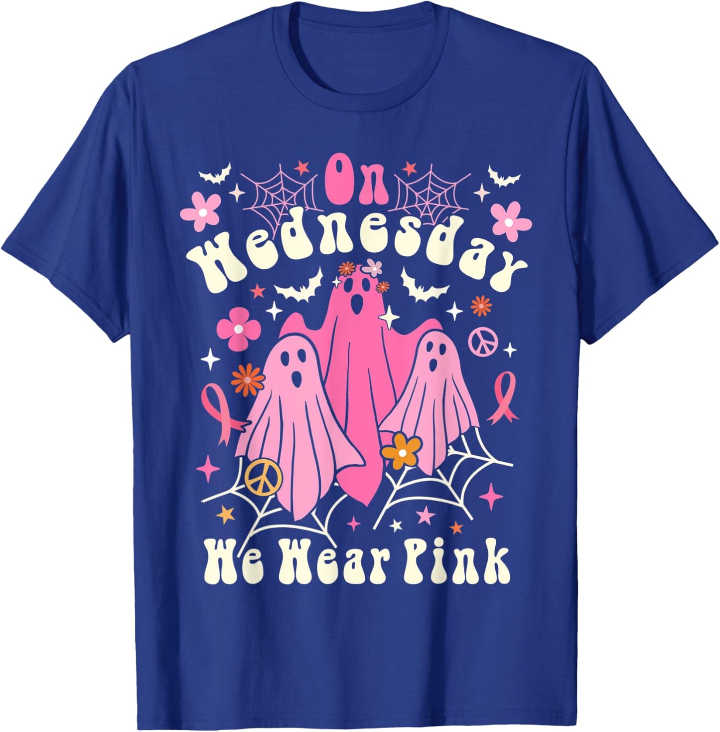 On Wednesday We Wear Pink Ghost Halloween Breast Cancer 2022 T-Shirt - T-Shirt | Royal