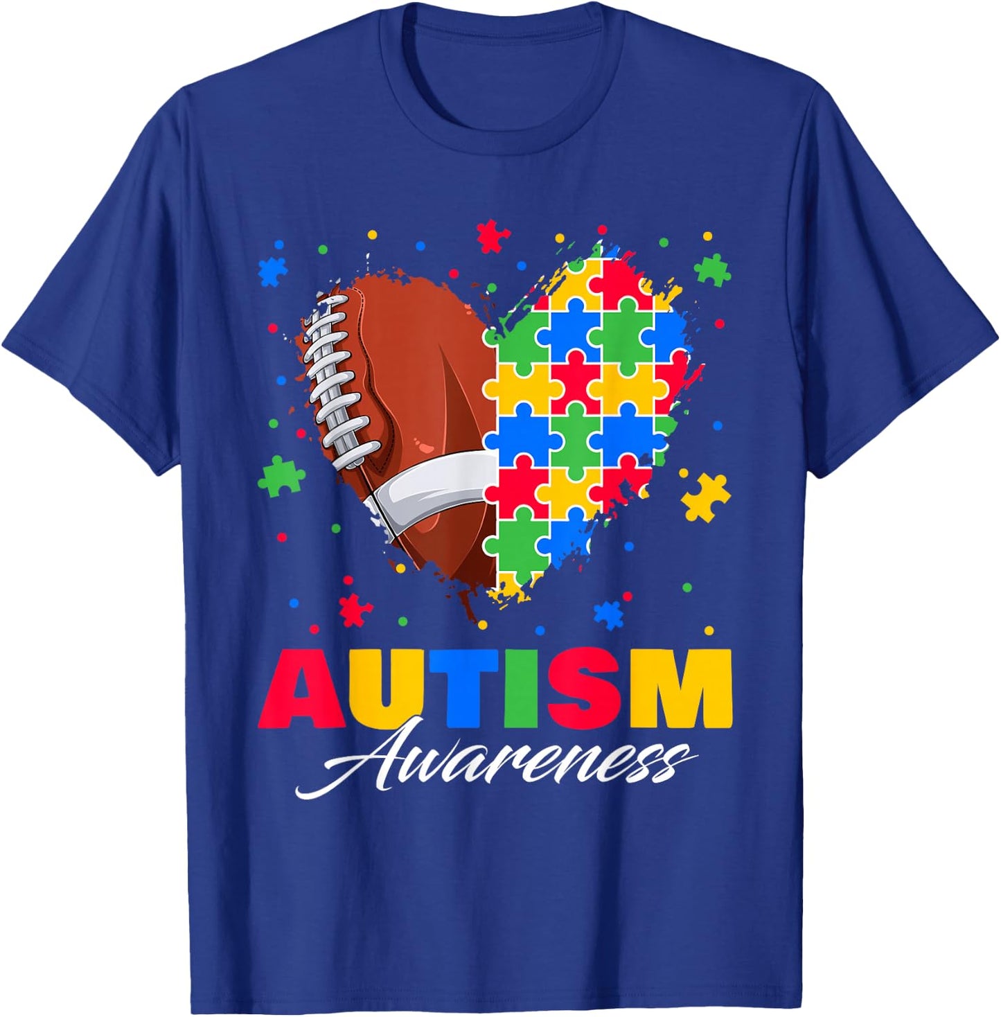 Puzzle Football Ball Heart Autism Awareness Autistic Kids T-Shirt - T-Shirt | Royal