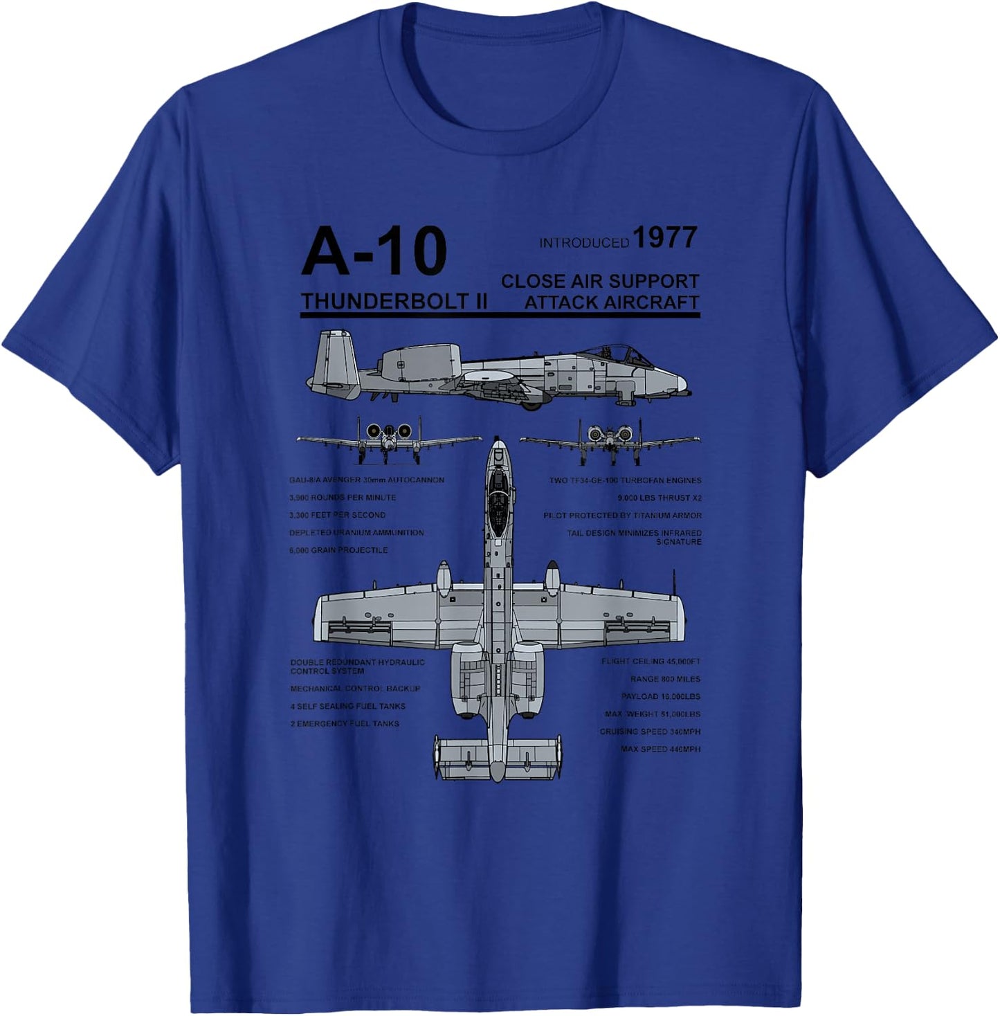 A-10 Thunderbolt II Warthog Military Jet Spec Diagram T-Shirt - T-Shirt | Royal