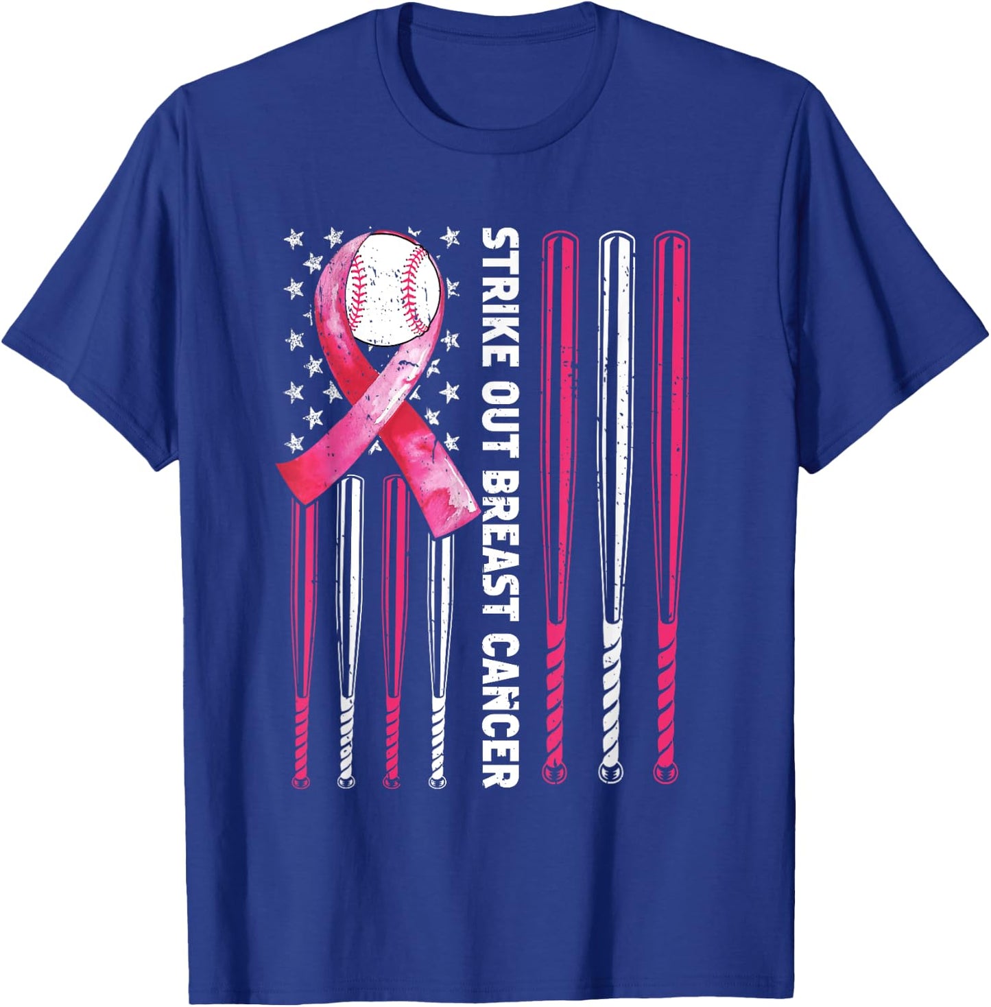 Strike Out Breast Cancer Baseball Lover Pink American Flag T-Shirt - T-Shirt | Royal