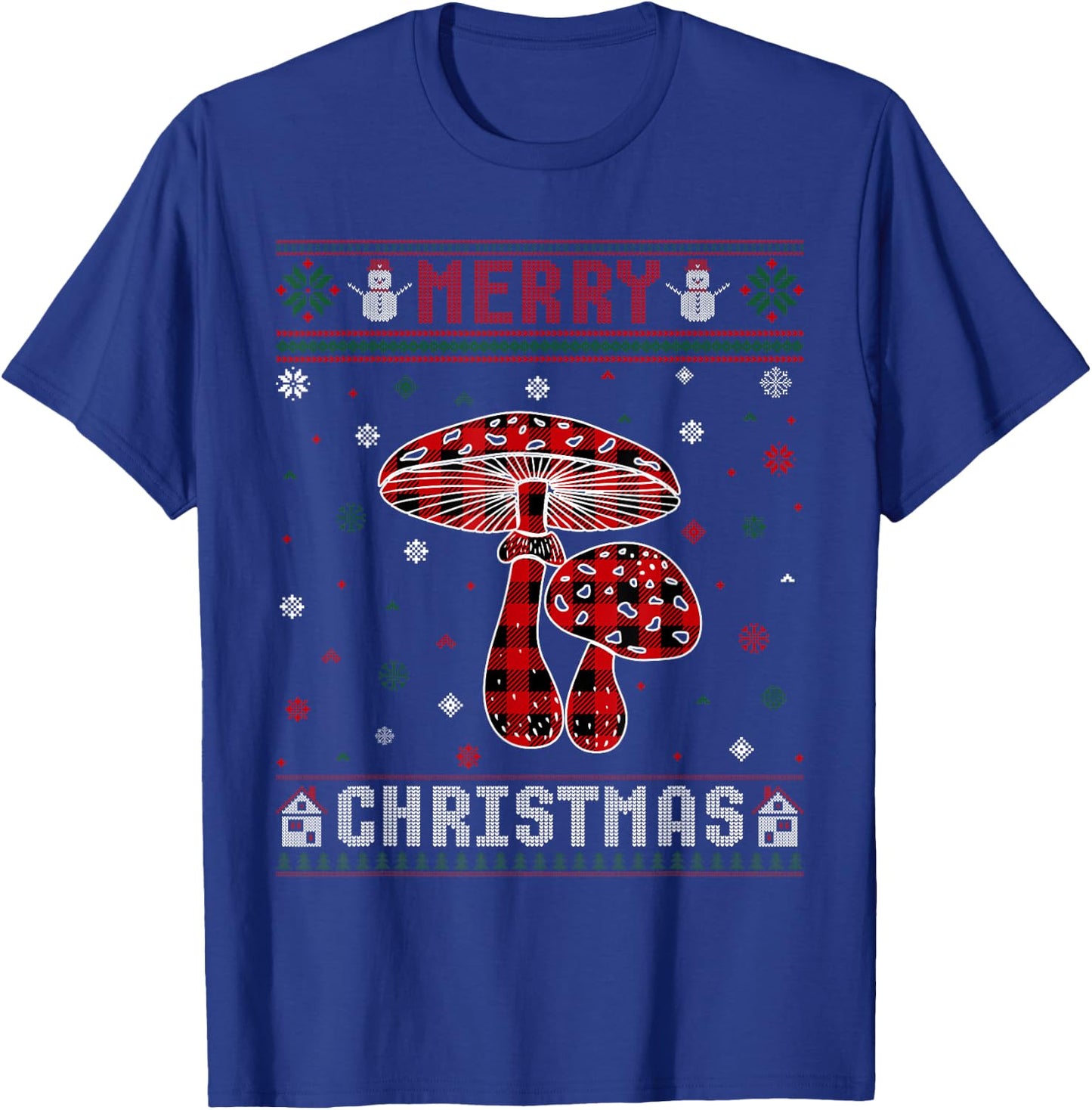 Ugly Christmas Sweater Mushroom Buffalo Plaid Red Xmas T-Shirt - T-Shirt | Royal